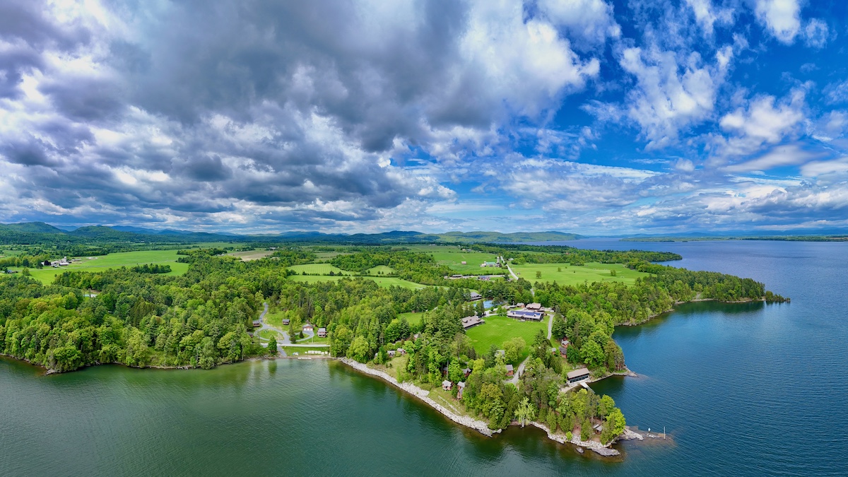 Aerial view of Camp Dudley along the shores of Lake Champlain